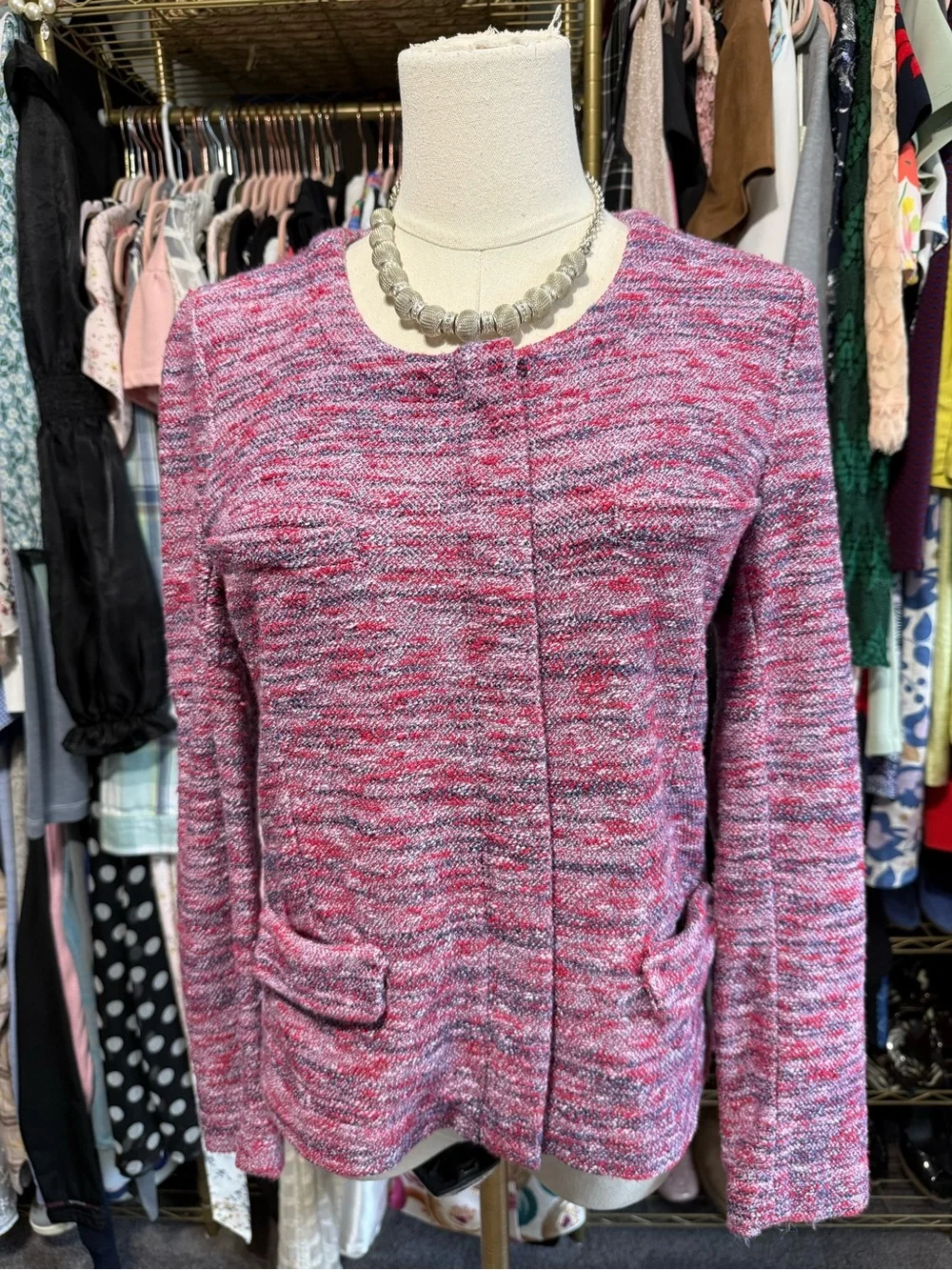 J.Crew Micro Tweed Jacket in Poppy Pink Collarless Zip Blazer Small